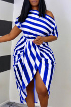 Blauwe mode casual gestreepte print asymmetrische schuine kraag korte mouw jurk plus size jurken