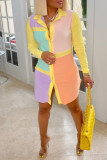 ライトピンクファッションカジュアルパッチワークベーシックターンダウンカラーシャツドレス