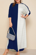 Vestidos de retalhos básicos azul branco moda casual patchwork gola redonda manga curta plus size