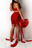 Red Sexy Patchwork Solid See-through Backless Strapless Sleeveless Two Pieces Halter Crop Tops And Mini Skirt Sets