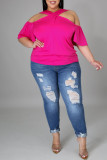 Rose Red Fashion Casual Solid uitgeholde V-hals Plus Size Tops
