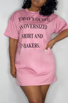 Pink Fashion Casual Plus Size Letter Print Basic O Neck T-shirt Dress