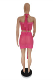 Pink Sexy Patchwork Solid See-through Backless Strapless Sleeveless Two Pieces