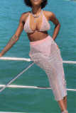 Pink Fashion Sexy Solid See-through Backless Swimwears