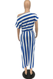 Blue Fashion Casual Striped Print Asymmetrical Oblique Collar Short Sleeve Dress Plus Size Dresses