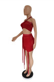 Red Sexy Patchwork Solid See-through Backless Strapless Sleeveless Two Pieces