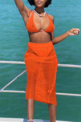 Trajes de banho sem costas transparentes sexy moda laranja