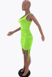 緑のセクシーなソリッドくり抜かれたストラップデザインスクエアカラーベストドレス