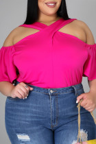 Rose Red Fashion Casual Solid Hollowed Out V Neck Plus Size Tops