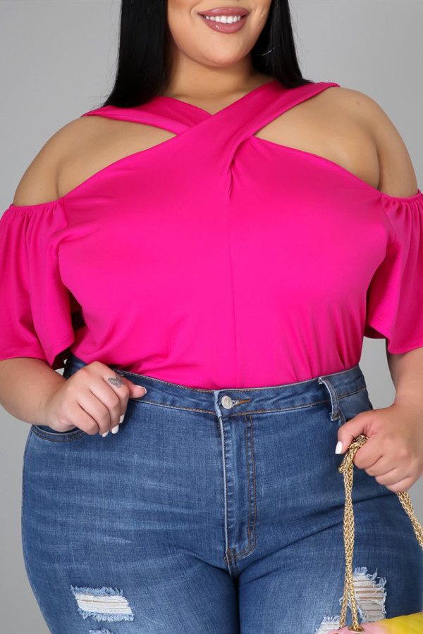Blusas tamanho grande casual moda casual com decote em V rosa