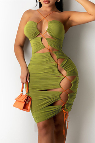 Зеленое сексуальное сплошное выдолбленное платье без бретелек без рукавов с открытой спиной