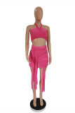 Pink Sexy Patchwork Solid See-through Backless Strapless Sleeveless Two Pieces