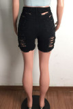 Black Fashion Casual Solid High Waist Regular Hot Pants Ripped Denim Shorts
