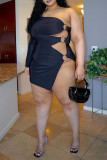 Black Sexy Plus Size Solid Hollowed Out Backless Slit Oblique Collar Long Sleeve Dress
