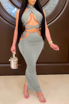 Grey Sexy Solid Hollowed Out Halter Pencil Skirt Dresses