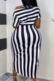 Black Fashion Casual Striped Print Asymmetrical Oblique Collar Short Sleeve Dress Plus Size Dresses