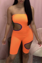 Orange Sexig Solid Ripped Patchwork Strapless Skinny Rompers