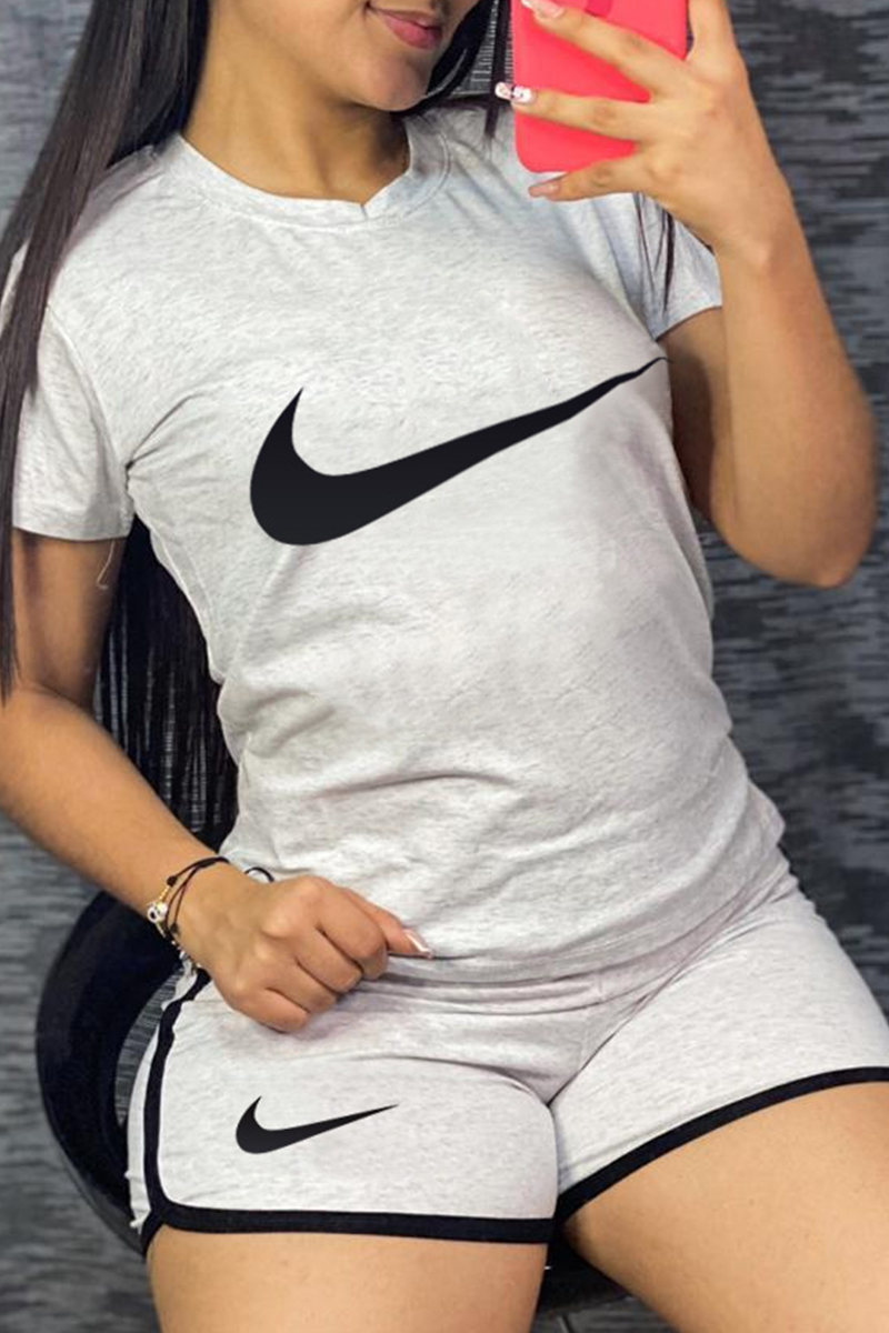 

Grey Casual Sportswear Print Basic O Neck Short Sleeve Two Pieces