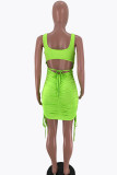 Green Sexy Solid Hollowed Out Strap Design Square Collar Vest Dress