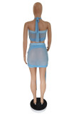 Blue Sexy Patchwork Solid See-through Backless Strapless Sleeveless Two Pieces