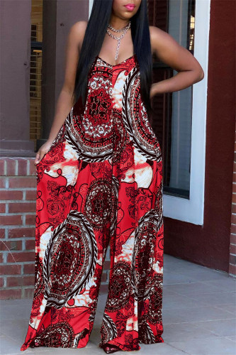 Red Sexy Casual Print Backless Spaghetti Strap Loose Jumpsuits