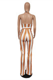 Earth Yellow Fashion Casual Gestreepte Print Backless Halter Regular Jumpsuits