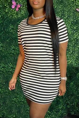 Black Fashion Casual Striped Print Basic O Neck Short Sleeve Dress