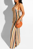 Färg Mode Sexigt randigt tryck Rygglös Slit Spaghetti Strap Ärmlös klänning