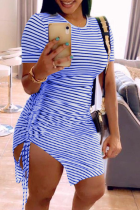 Blue Casual Striped Patchwork O Neck Pencil Skirt Dresses