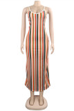 Colour Fashion Sexy Striped Print Backless Slit Spaghetti Strap Sleeveless Dress