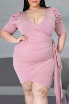 Pink Fashion Casual Plus Size Solid Basic V Neck Short Sleeve Dress
