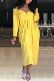 Vestidos de mangas compridas amarelos moda casual sólido básico fora do ombro