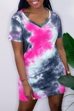 Svart Mode Casual Tie Dye Printing V-hals kortärmad klänning