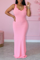 Розовое модное повседневное однотонное платье без рукавов с открытой спиной и разрезом на тонких бретелях