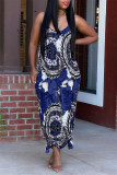 Blue Sexy Casual Print Backless Spaghetti Strap Loose Jumpsuits