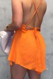 オレンジ色のファッションセクシーなソリッドバックレススパゲッティストラップノースリーブドレス