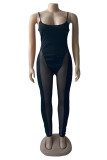 Black Fashion Sexy Patchwork See-through Backless Spaghetti Strap Skinny Jumpsuits