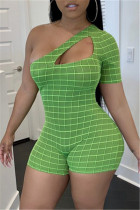Groene sexy casual geruite patchwork print uitgeholde schuine kraag skinny romper