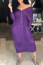 パープル ファッション カジュアル ソリッド ベーシック オフショルダー ロングスリーブ ドレス