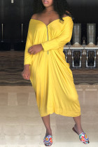 イエロー ファッション カジュアル ソリッド ベーシック オフショルダー ロングスリーブ ドレス