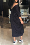 Black Fashion Casual Solid Basic Off the Shoulder Long Sleeve Dresses
