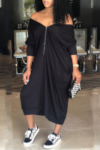 ブラック ファッション カジュアル ソリッド ベーシック オフショルダー ロングスリーブ ドレス