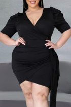 Black Fashion Casual Plus Size Solid Basic V Neck Short Sleeve Dress
