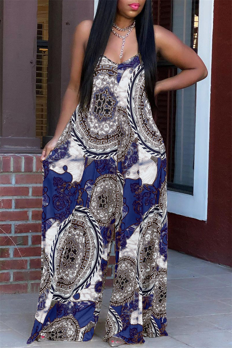 

Blue Sexy Casual Print Backless Spaghetti Strap Loose Jumpsuits