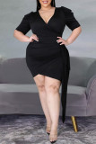 ブラックファッションカジュアルプラスサイズソリッドベーシックVネック半袖ドレス