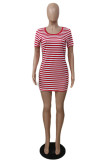 Red Fashion Casual Striped Print Basic O Neck Short Sleeve Dress
