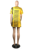 Gelbes, modisches, lässiges, Basic-T-Shirt-Kleid mit O-Ausschnitt und kurzen Ärmeln