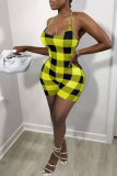 Yellow Sexy Plaid Patchwork Spaghetti Strap Skinny Rompers