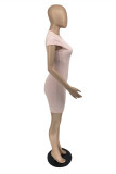 Розовое модное повседневное однотонное базовое платье с короткими рукавами и половиной водолазки