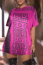Lila Mode Casual Print Basic O-Ausschnitt Kurzarm T-Shirt-Kleid